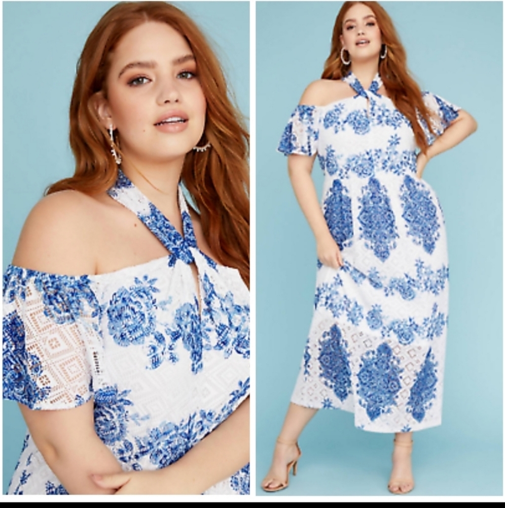 Lane Bryant Blue Floral Lace Halter Dress